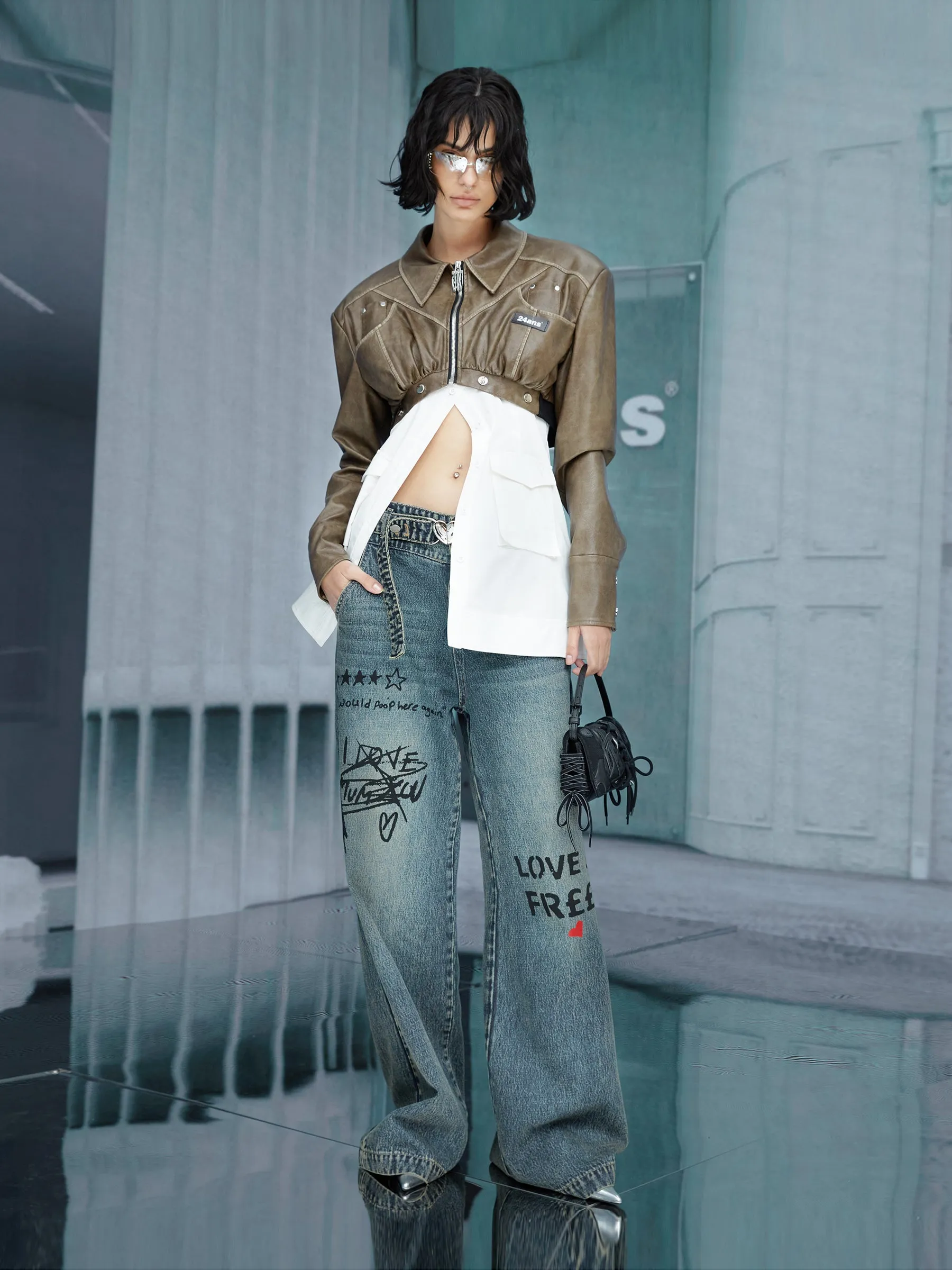 2way Leather Mix Nichi Cool Cropped Tops